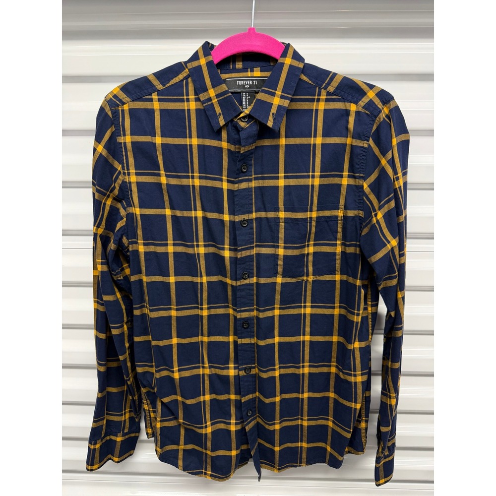Forever 21 Men Navy Mustard Plaid Button Down Shirt Small Long Sleeve